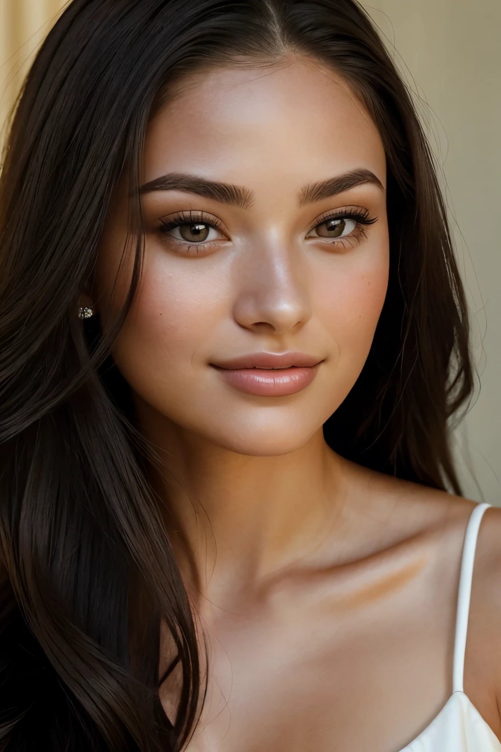 High-resolution frontal portrait of a woman named Lydia Grace, showcasing her radiant oval face and striking, captivating appearance that radiates elegance and charm. Lydia's long, straight, and flowing black hair cascades over her shoulders, adding an alluring touch to her overall look. Her mesmerizing light honey brown eyes shine with intelligence and warmth, while her elegant nose and softly defined cheekbones are perfectly balanced. Lydia's radiant smile is contagious, lighting up any room she enters, and her naturally full and rosy lips add a touch of fascination to her already captivating presence.
Lydia takes great care of herself