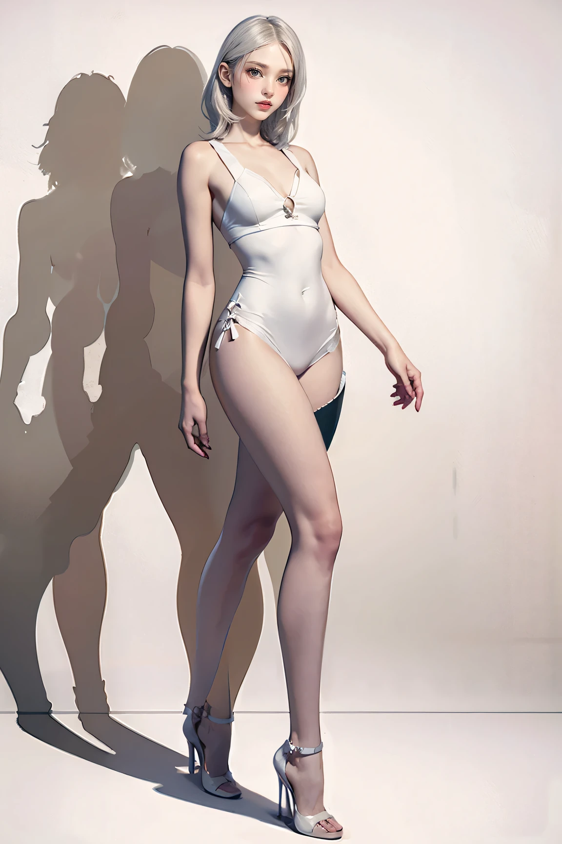 Master of animation, A perfect masterpiece, On a pure white background、Dressed in cool, sexy and modern clothes、Sexy mature modern woman standing, Flowing silver hair, Full Body Stand Posture, Thin legs, Straight chest, Detailed facial details, Natural and beautiful standing posture, Crisp and realistic body detail
