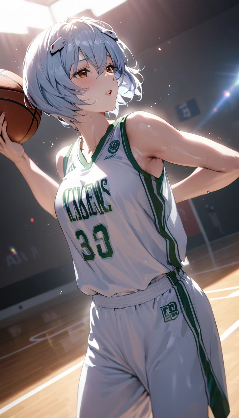 (masterpiece, Highest quality, Absurd), Close-up shot, One girl, Ayanami Rei, Light blue hair, short hair, Mature Woman, Holding a basketball, Wearing a basketball jersey, Basketball court, View Wiewer, sweating, 8k exquisite illustrations, Dynamic pose, Cinema Lighting, Volumetric lighting, Vibrant colors, Ray Tracing, Intricate details, 
