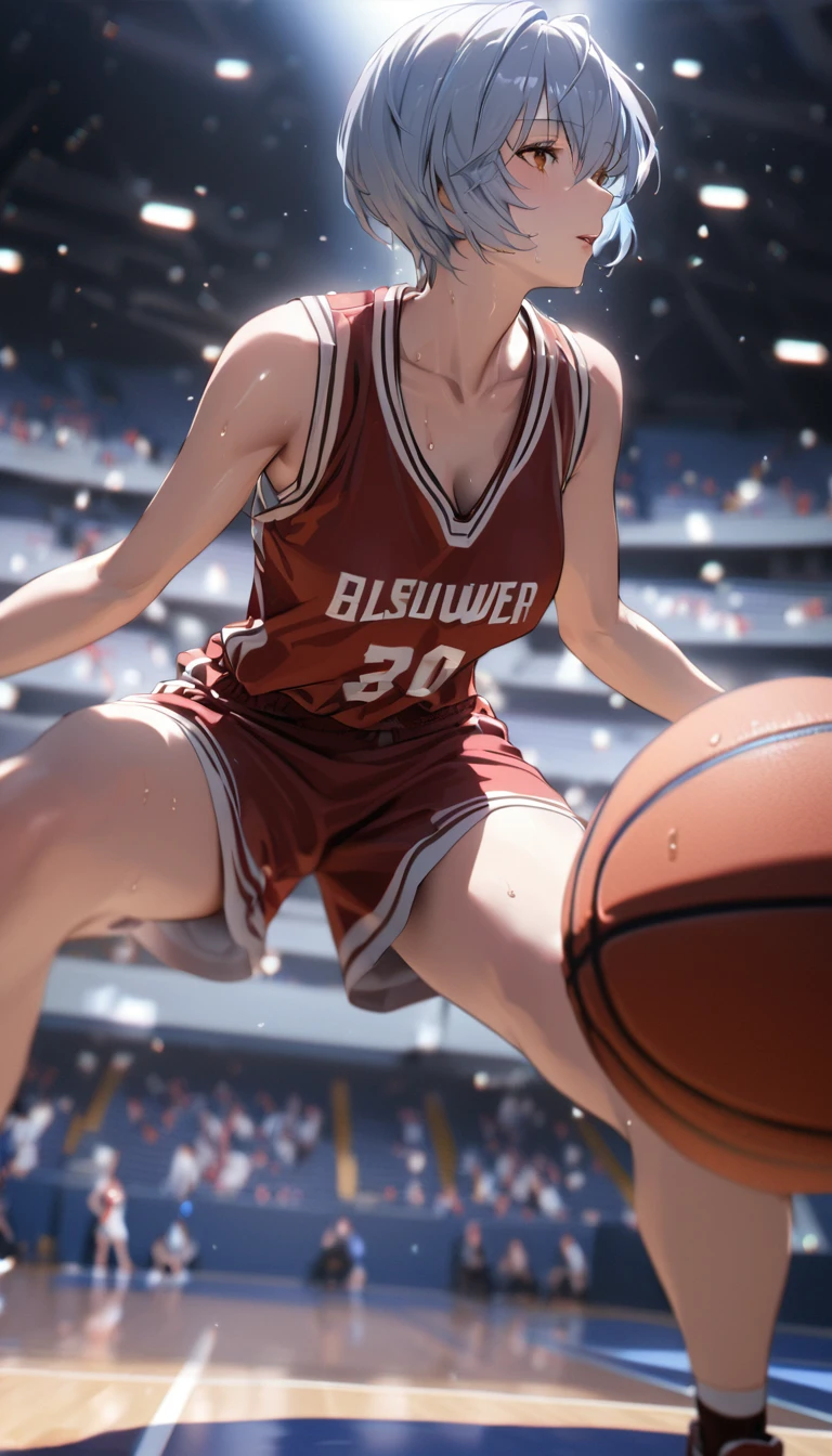 (masterpiece, Highest quality, Absurd), Close-up shot, One girl, Ayanami Rei, Light blue hair, short hair, Mature Woman, Holding a basketball, Wearing a basketball jersey, Basketball court, View Wiewer, sweating, 8k exquisite illustrations, Dynamic pose, Cinema Lighting, Volumetric lighting, Vibrant colors, Ray Tracing, Intricate details, 