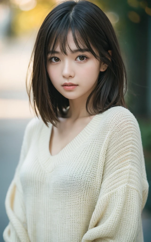 masterpiece, Highest quality, 8k, 20th Generation, Large Breasts, cute, alone, sad, cute, Girlish, Delicate girl, Pure beauty, RAW Photos, Professional photography, Portraiture, Soft Light, Professional Lighting, Backlight, Upper Body, avert your eyes, Sophisticated, Film Grain, (Eye and facial details:1.0), Short floating hair, Beautiful, flowing hair, bangs, sweater,
