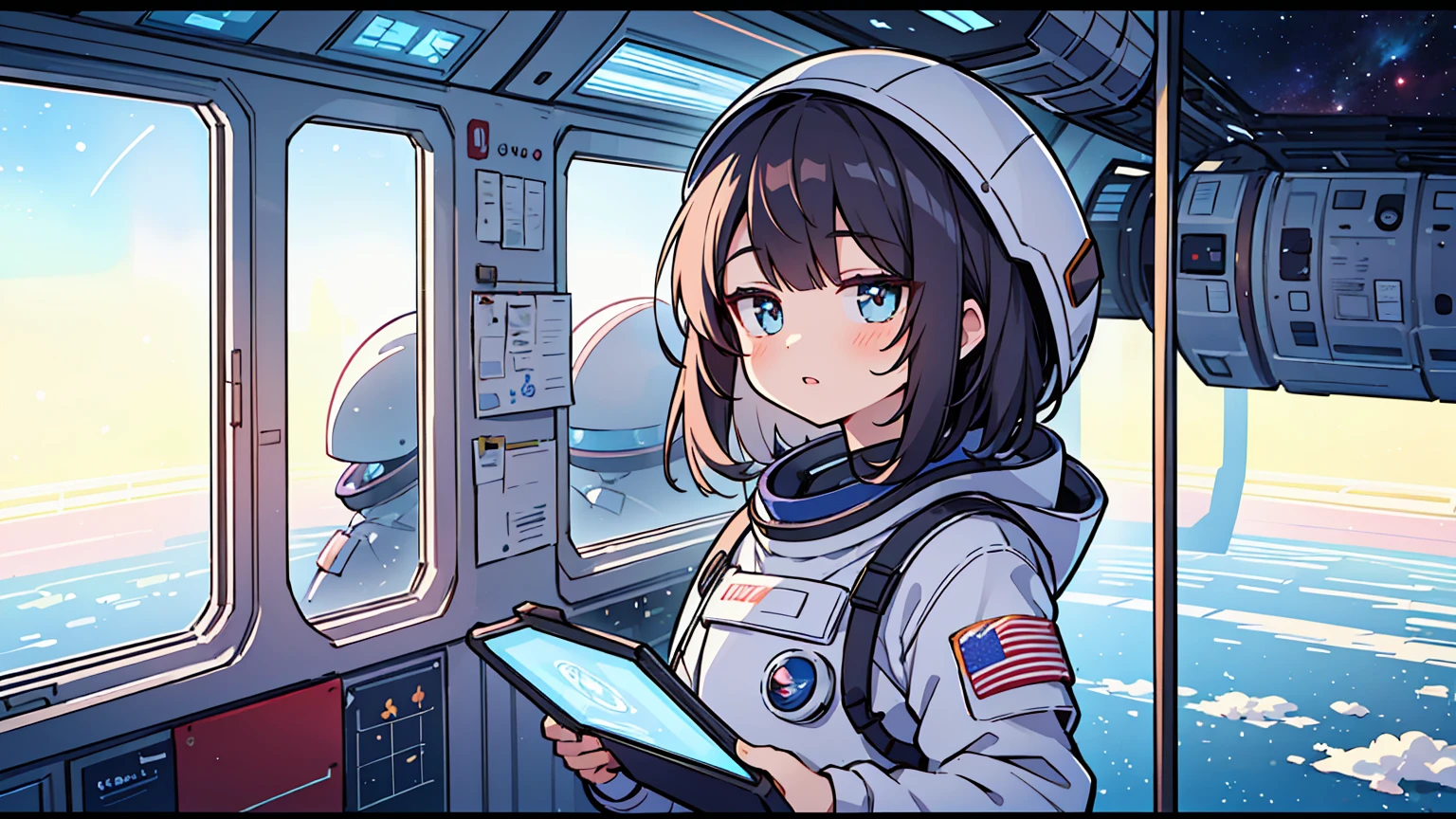 (masterpiece, best quality),1 woman, different hair colors, different faces,letterboxed, perfection of fashion,chapped lips, casual attire, upper body, Studying alone with a tablet,looking at the earth,in space,Inside the space station, glass ceiling, glass walls,You can see the Earth through the floor-to-ceiling window, space suit,