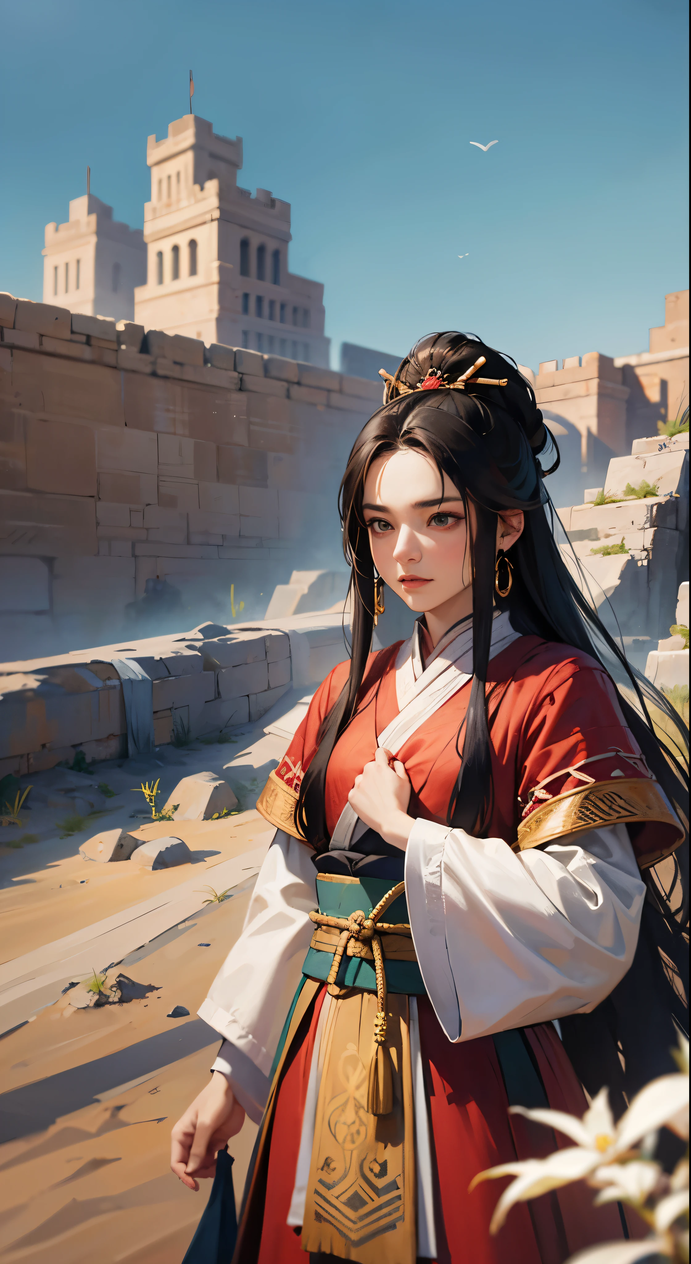 with high definition images，Three Kingdoms:The fascinating scenes in the movie、We see the famous strategist Zhuge Liang in deep contemplation at Red Cliff.。The walled city in front of me is meticulously painted.、It expresses its grandeur and antiquity.。Traces of time and history are engraved on the weathered walls.