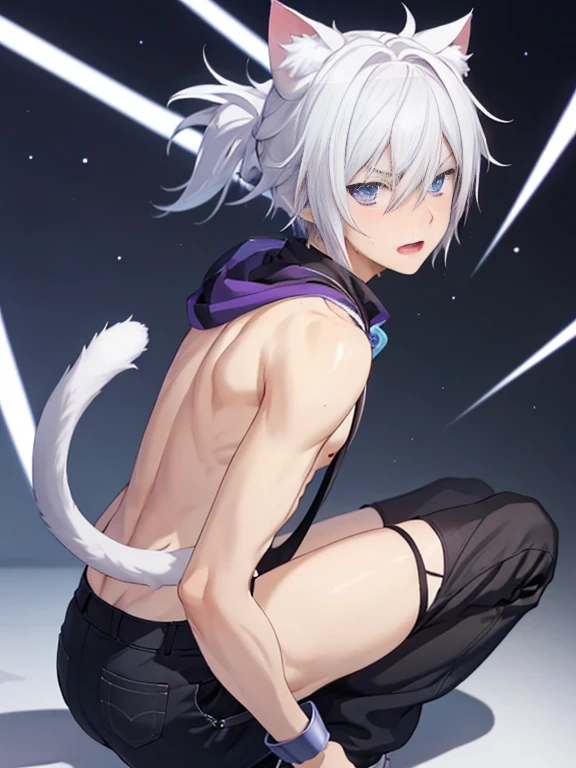 1 young person,alone,18-year-old,male,Shocked facial expression,blush,good looking,White hair Blue eyes,Purple eyes, Cat ear　Side view　Kneeled　Open your mouth and scream　suffer　Sleeveless, wistful expression　Exposure to electricity　Gets done　Thick tail　Upper body naked　Raised to be sexy　Arms up Black pants　Chained, rear view　I can see your back