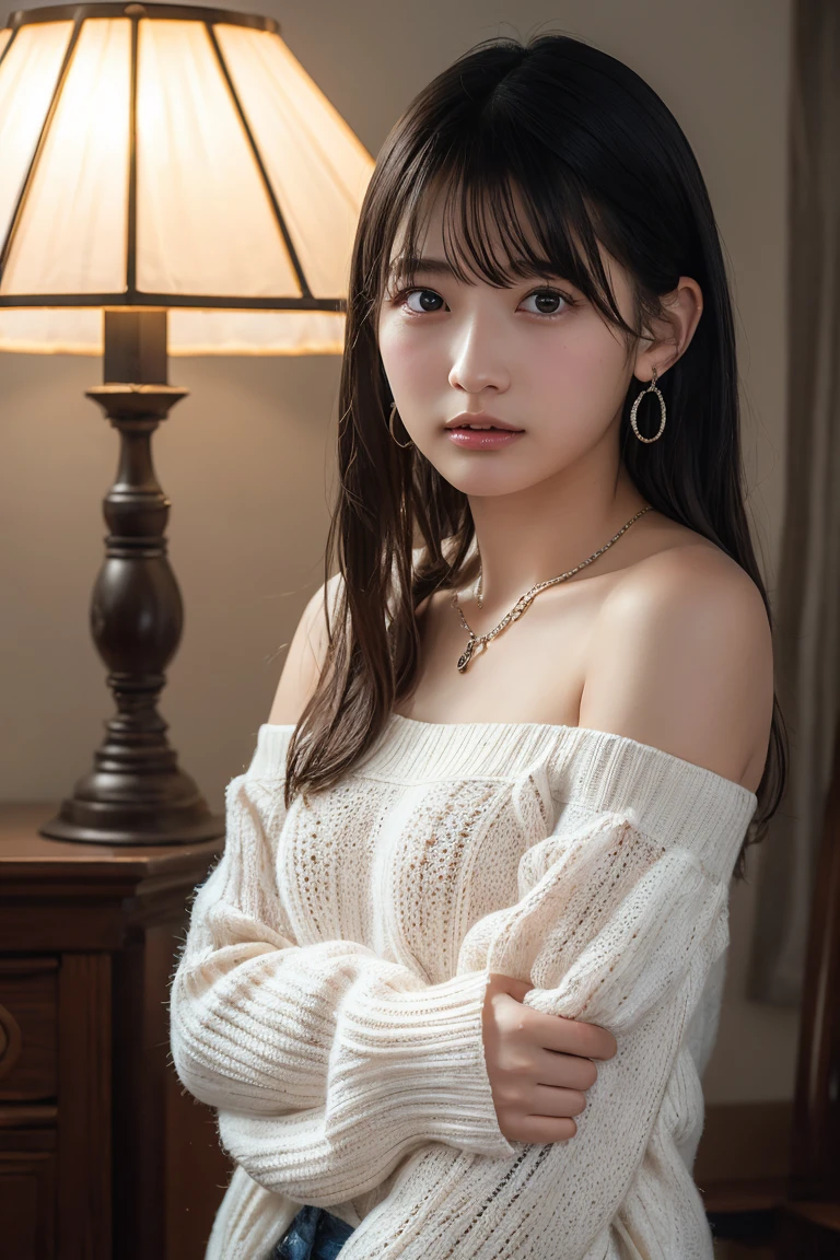 (Highest quality:1.4),(masterpiece:1.4),(Realistic:1.4),(Realistic:1.2),(超High resolution, RAW Photos:1.4),(High resolution, Ultra-detailed:1.2),(8k:1.2),View your viewers,Cinematic photography,One girl,skeletally correct,Black-haired woman,Woman in her early 20s,(Small earrings,necklace,Pink summer knit with bare shoulders),(Western-style building interior,Dimly lit room,The lamplight shines on my cheeks)