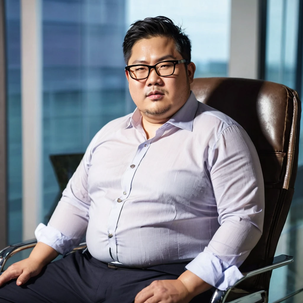 Man, Asian, 40 years old, Fat, Chubby, wearing glasses, wearing a thin shirt, Unbutton your shirt, Wet, Stained, sitting in a chair, office, looking to the left, sharp image, beautiful lighting.