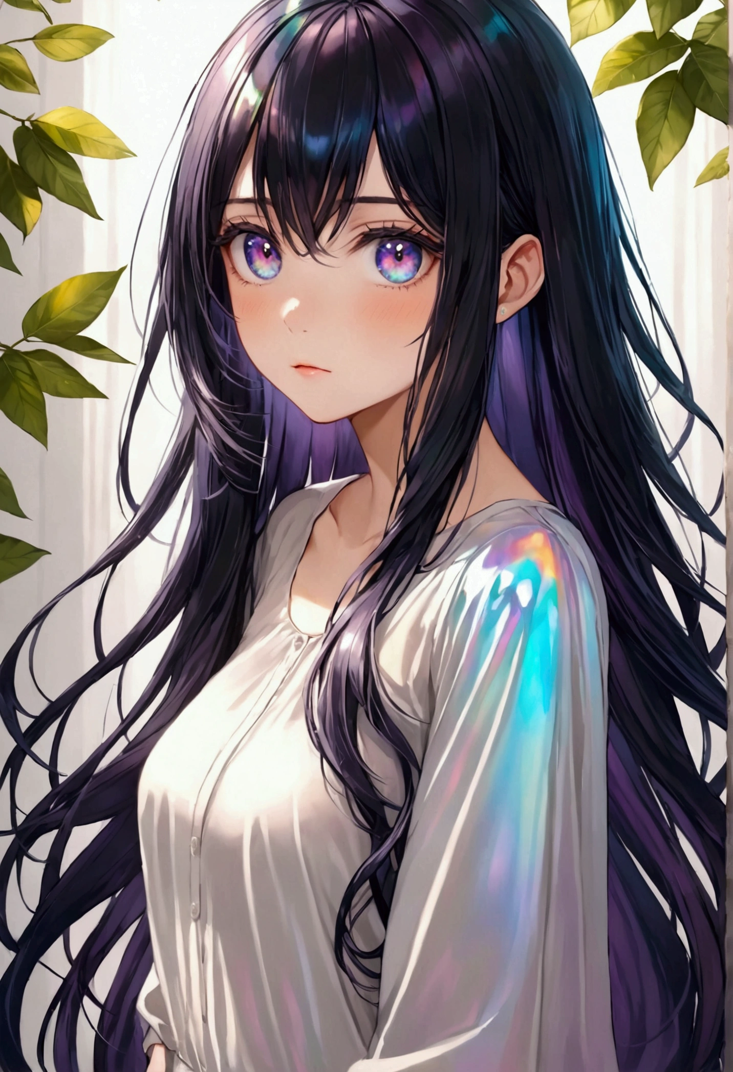 Long dark iridescent hair, iridescent eyes,medium body proportion, casual dress,detailed hair, detailed eyes,detailed body, best quality, high resolution, 8k