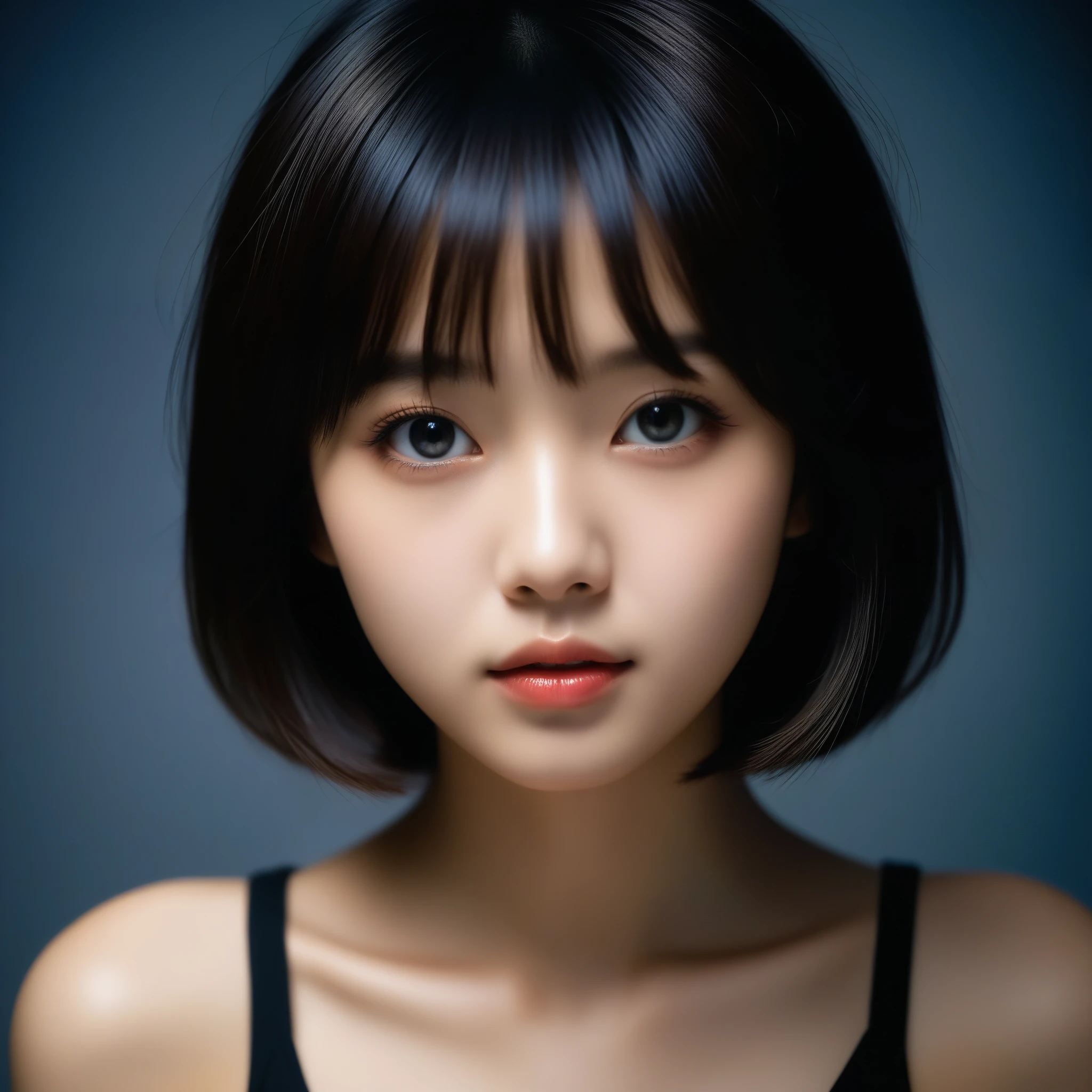 8k, Ultra-high resolution, Highest quality, masterpiece, 三分割法によるphotograph,Surreal, photograph, 1 Girl, (:1.3), pretty girl, Cute Face, Beautiful eyes in every detail, 細かくdetailedに,masterpiece,One Girl:1.2,Japan Female Teachers,extream close up,sad,glaring,Black short hair,Bob with bangs,(印象派の美しい少女のPortraiture),(Impressionist light and colour), (Avant-garde attire:1.3),(Fairy,Shiny Hair, Beautiful dark eyes, So cute and beautiful,16 years old0.8),Sharp contours,Looking down, (A future never imagined), ((Abstract background)), Light from above, Low contrast, (Side view),, Perfect and beautiful face ,完璧でCute Face, Skin with attention to detail, Perfect limbs、Narrow waist,Looking at the audience,(((Ideal body type))),A cup small breasts :2,Portraiture:2,Perfect Anatomy,鮮明なdetailed,detailed,Surreal,Light and shadow,stage lights