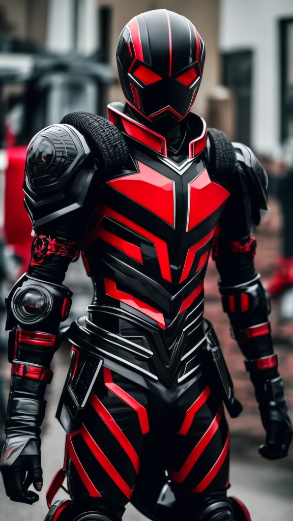 A black and red based asymmetrical Kamen Rider equipped with tires on both shoulders.