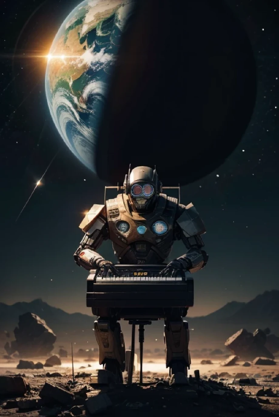 War robot with colored glasses, playing the piano while the planet Earth in the background is split in half and was destroyed by an interstellar atomic bomb