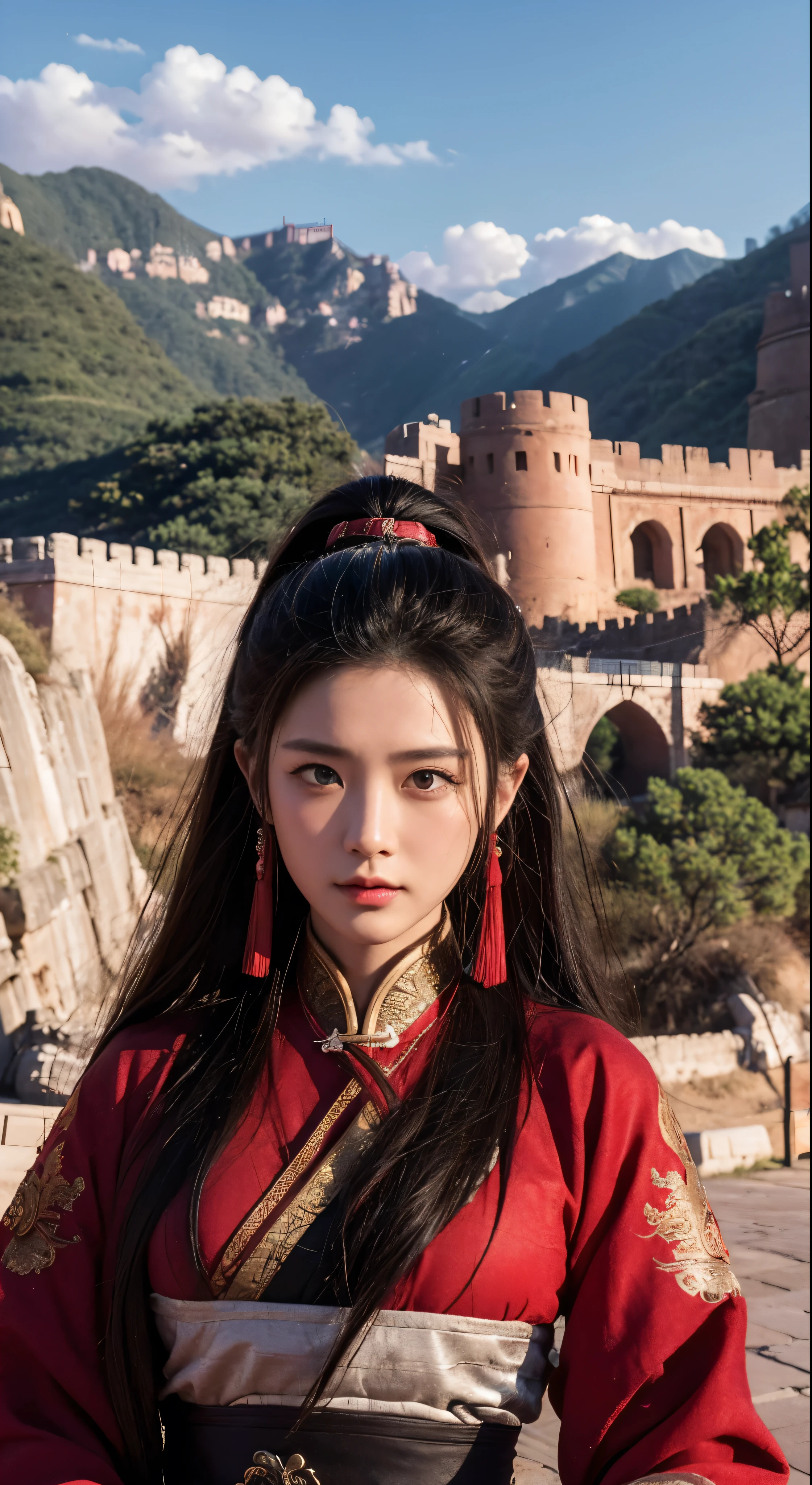 with high definition images，Three Kingdoms:The fascinating scenes in the movie、We see the famous strategist Zhuge Liang in deep contemplation at Red Cliff.。The walled city in front of me is meticulously painted.、It expresses its grandeur and antiquity.。Traces of time and history are engraved on the weathered walls.