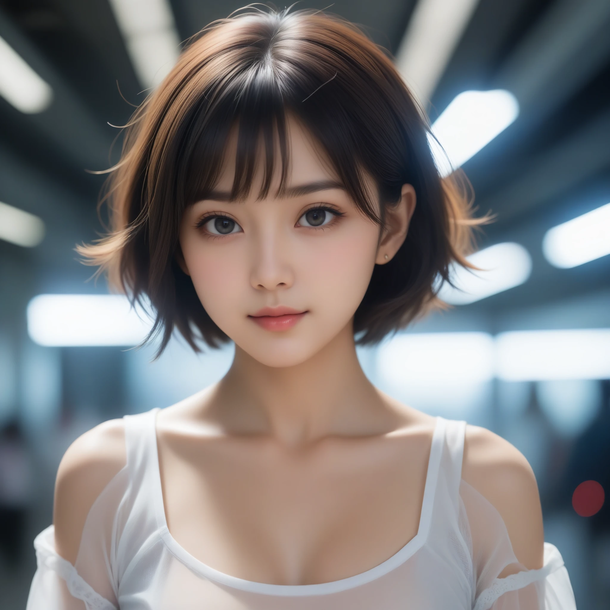 8k, Ultra-high resolution, Highest quality, masterpiece, 三分割法によるphotograph,Surreal, photograph, 1 Girl, (16 years old:1.3), pretty girl, Cute Face, Beautiful eyes in every detail, 細かくdetailedに,masterpiece,One Girl:1.2,Japan Female Teachers,extream close up,sad,glaring,Black short hair,Bob with bangs,(印象派の美しい少女のPortraiture),(Impressionist light and colour), (Avant-garde attire:1.3),(Fairy,Shiny Hair, Beautiful dark eyes, So cute and beautiful,16 years old, ), (smile:0.8),Sharp contours,Looking down, (A future never imagined), ((Abstract background)), Light from above, Low contrast, (Side view),, Perfect and beautiful face ,完璧でCute Face, Skin with attention to detail, Perfect limbs、Narrow waist,Looking at the audience,(((Ideal body type))),A cup small breasts :2,Portraiture:2,Perfect Anatomy,鮮明なdetailed,detailed,Surreal,Light and shadow,stage lights