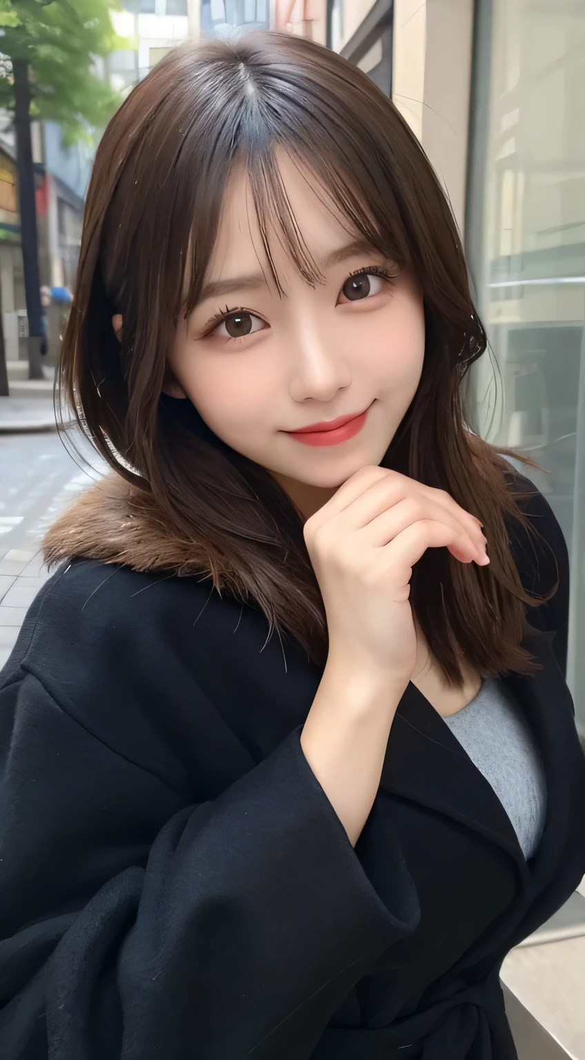 On the table, best quality, number, Very detailed, detailed, high resolution, 8k wallpaper, Perfect dynamic composition, Beautiful details, Winter clothes,Medium Length Hair,Small chest natural lips, Bold and sexy pose,Smile,sexy background、20 year old girl、Lovely、Sexy photo of a girl looking at the camera,Background blur,Wear a long black coat