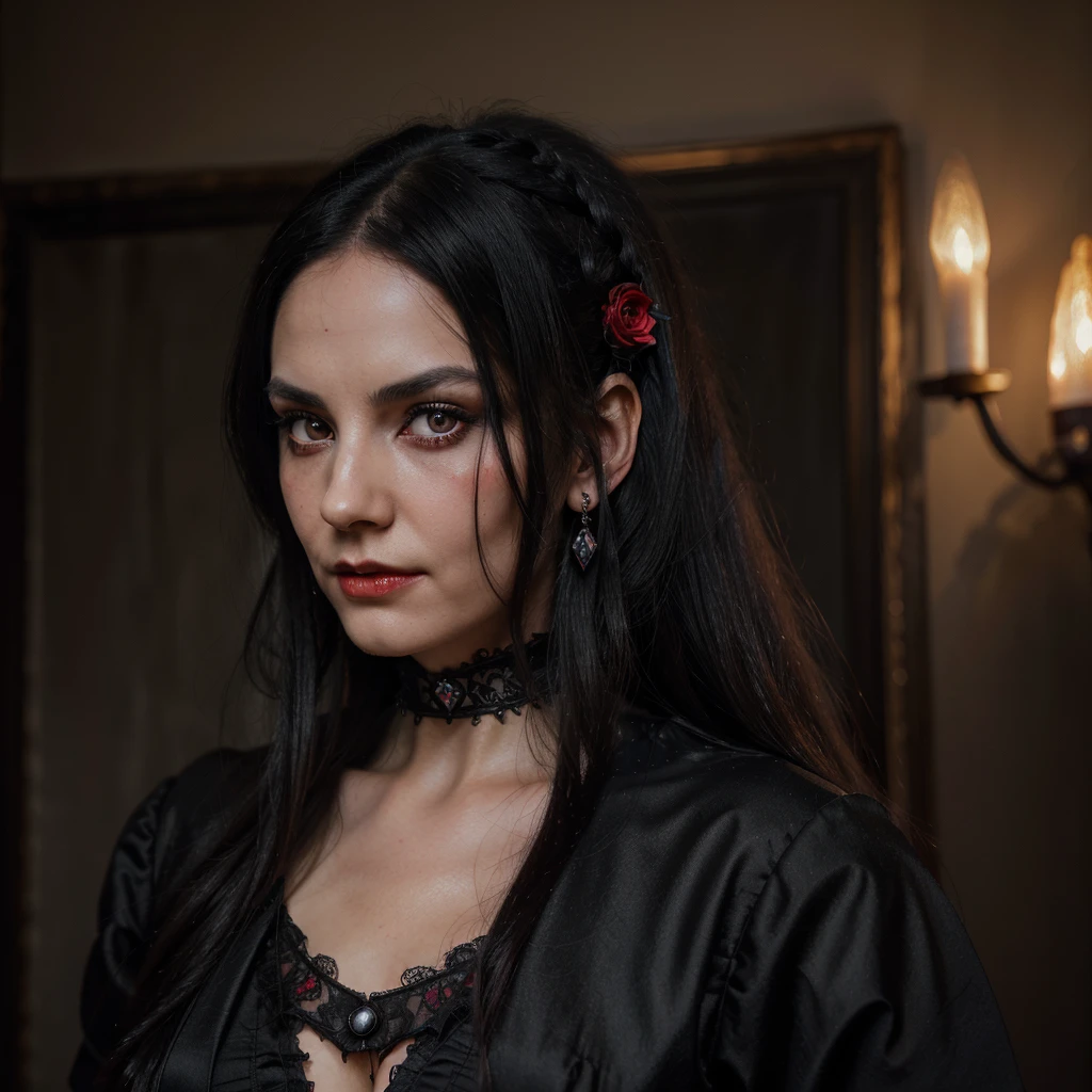 a beautiful demon girl with long black hair, piercing red eyes, sharp fangs, detailed facial features, intricate demonic markings on her face, elegant victorian style dress, dramatic lighting, vivid colors, cinematic composition, digital painting, highly detailed, photorealistic, 8k, masterpiece