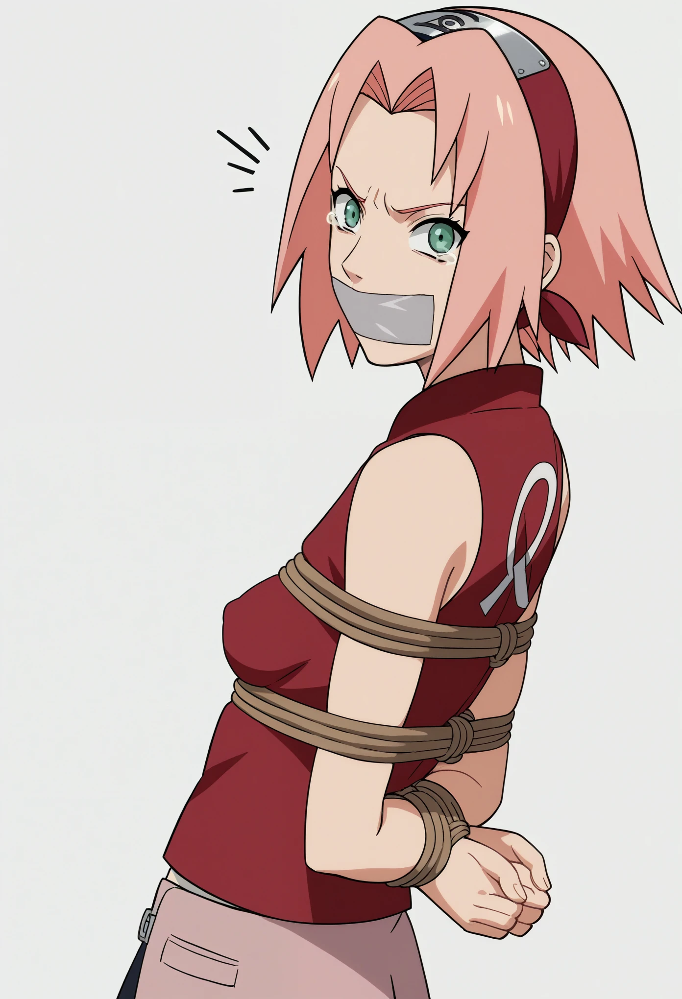 score_9, score_8_up, score_7_up, score_6_up, score_5_up, score_4_up, BREAK, source_anime, 1girl, haruno sakura, pink hair, short hair, green eyes, sleeveless, red shirt, forehead protector, hands behind back, smile, upper body, looking at viewer, solo, simple background, white background, anime screencap, anime coloring, pper body, solo, , seedy dark basement background, anime screencap, anime coloring, hands behind back, show full body, seedy basement, exposed breasts, rape victim look , heavy tape gag, legs bound, wrists bound, subject off center to the left, legs and ankles tied up, , angry and panic expression, panicked and struggling, pink panties, tape over mouth, green eyes, panicked and struggling, crying and angry. heavy shibari around body wrists and legs, heavy shibari on legs and breasts, extreme panic and struggle in distress standing, legs together, standing up straight, legs and knees have heavy shibari ropes, legs together standing up straight, side view, very pissed off, standing up