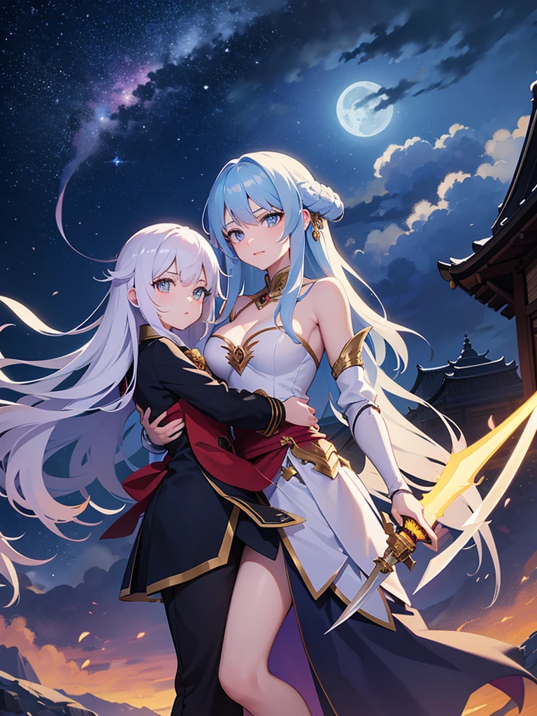 dragon girl, first you, clear hair, with sensual armor, carrying a sword, mountain environment like that of clouds, near a temple, the starry sky with two moons in the sky