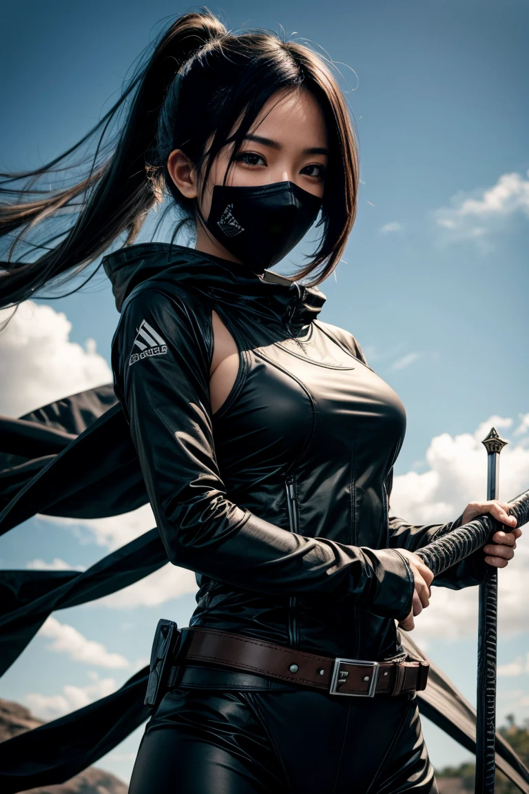 a girl, All black ninja outfit,hanging sword behind ,Whole body, sunlight, Clear Face, Clean white background, masterpiece, super detail, Epic composition, ultra hd, High Quality, Very detailed, official art, Uniform wallpaper 8K, super detail, 32k - in 6
