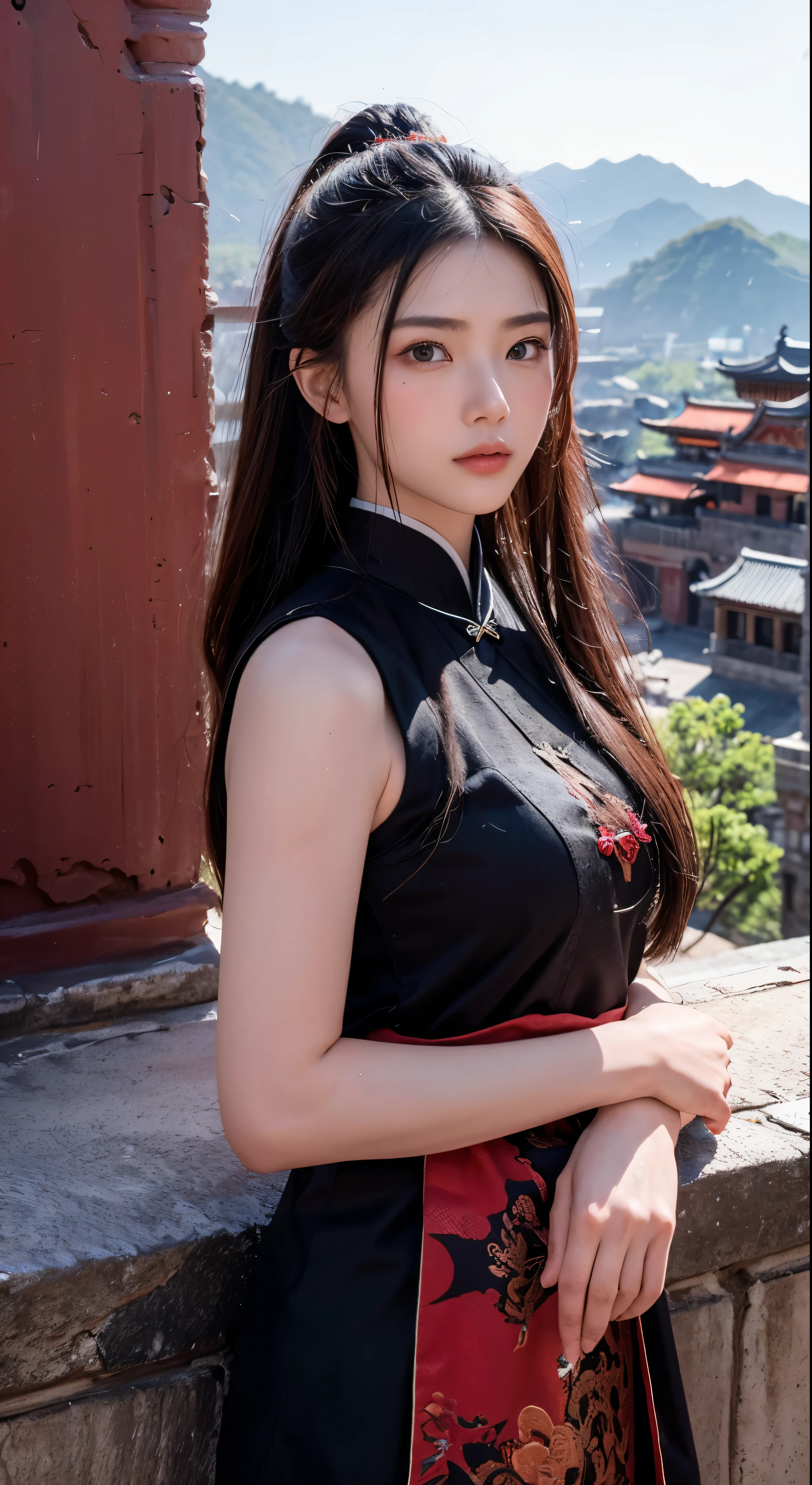 with high definition images，Three Kingdoms:The fascinating scenes in the movie、We see the famous strategist Zhuge Liang in deep contemplation at Red Cliff.。The walled city in front of me is meticulously painted.、It expresses its grandeur and antiquity.。Traces of time and history are engraved on the weathered walls.