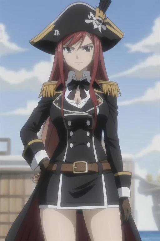 1girl, solo, Erza Scarlet, Fairy Tail, red hair, long hair, facing the viewer, looking at the viewer, sidelocks, black pirate uniform, (long sleeves), (long coat), epaulettes, big breasts, cleavage, belt, black miniskirt, gloves, black wide-brim pirate hat, black hat, closed mouth, pirate ship, helm wheel