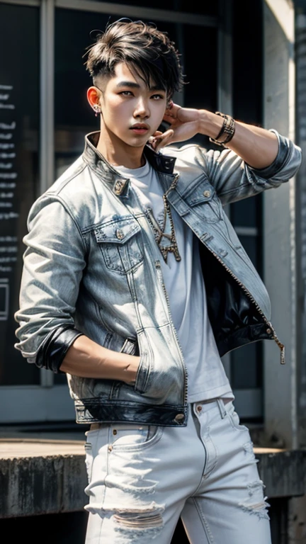 solo , 1man , thai man , hiphop leather jacket , white rock shirt , hiphop jeans pants , happy