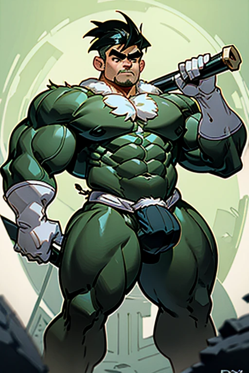 Danny Fenton at a museum exhibit turning into a stereotypical primitive cave man in fur skins and loin cloth. Big biceps. Big triceps. Big traps. Broad shoulders. Thick neck. Big lats. Big deltoids. Hyper muscles. Big swollen crotch bulge. Muscles growing and tearing out of clothes. Hairy. Protruding brow. Devolution. Unibrow. Thick eyebrows. Jutting brow shelf. Hyper crotch bulge. thick meaty hairy pecs. IQ drain. Shrinking brain. Bigger and bigger. Dumber and dumber. Knuckles dragging. Holding giant club over his shoulder. "What's happening to me? I ... me ... head feel ... funny.... Harrrrd ... think..... Me ... hungry.... Me ... hunt? Hunt ... hunt good...."