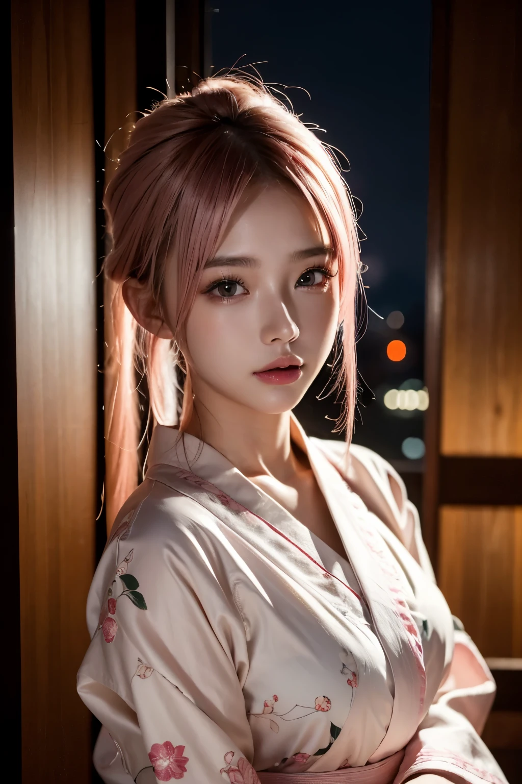 最high quality, masterpiece, High resolution, One girl,Beautiful Face, Rim Light, Two-tone lighting,(Skin with attention to detail:1.2), 8k uhd, Digital SLR, Soft lighting, high quality, Volumetric lighting, photograph, High resolution, 4K, 8k, Pink Hair,night,yukata,firework