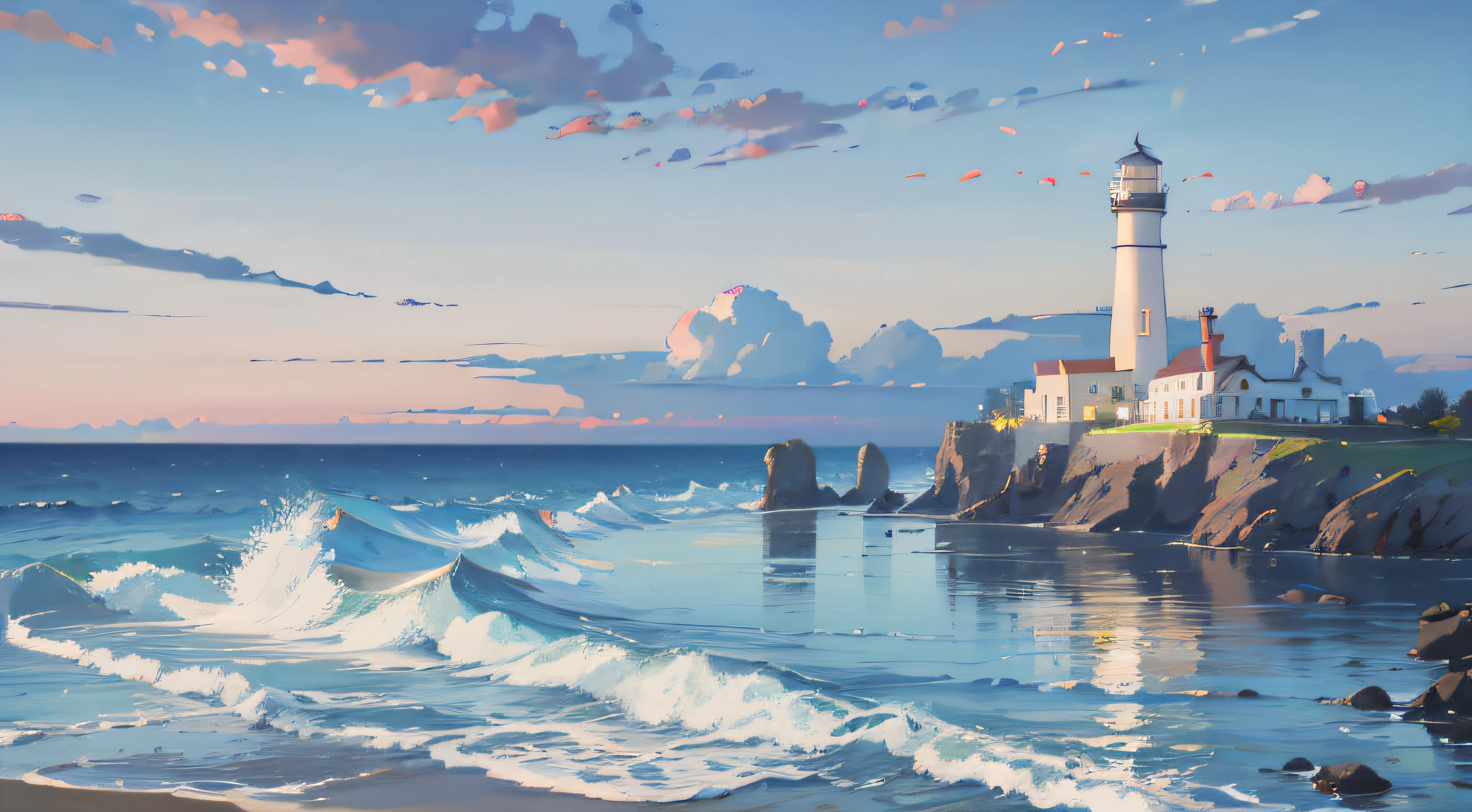 high quality, High Detail, Blue sky, seaside,White Lighthouse,White Cloud,, glow