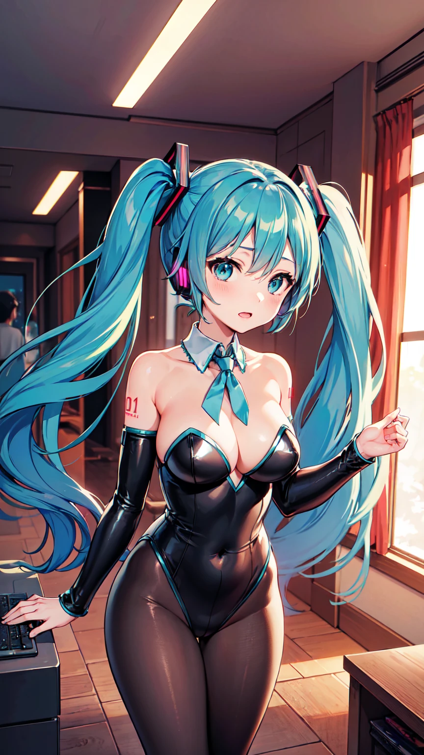 Hatsune Miku VOCALOID、Big Breasts、cyber punk、leotard、black tights、Beautiful anime scene、Beautiful anime scenery、Highest quality、Masterpiece、