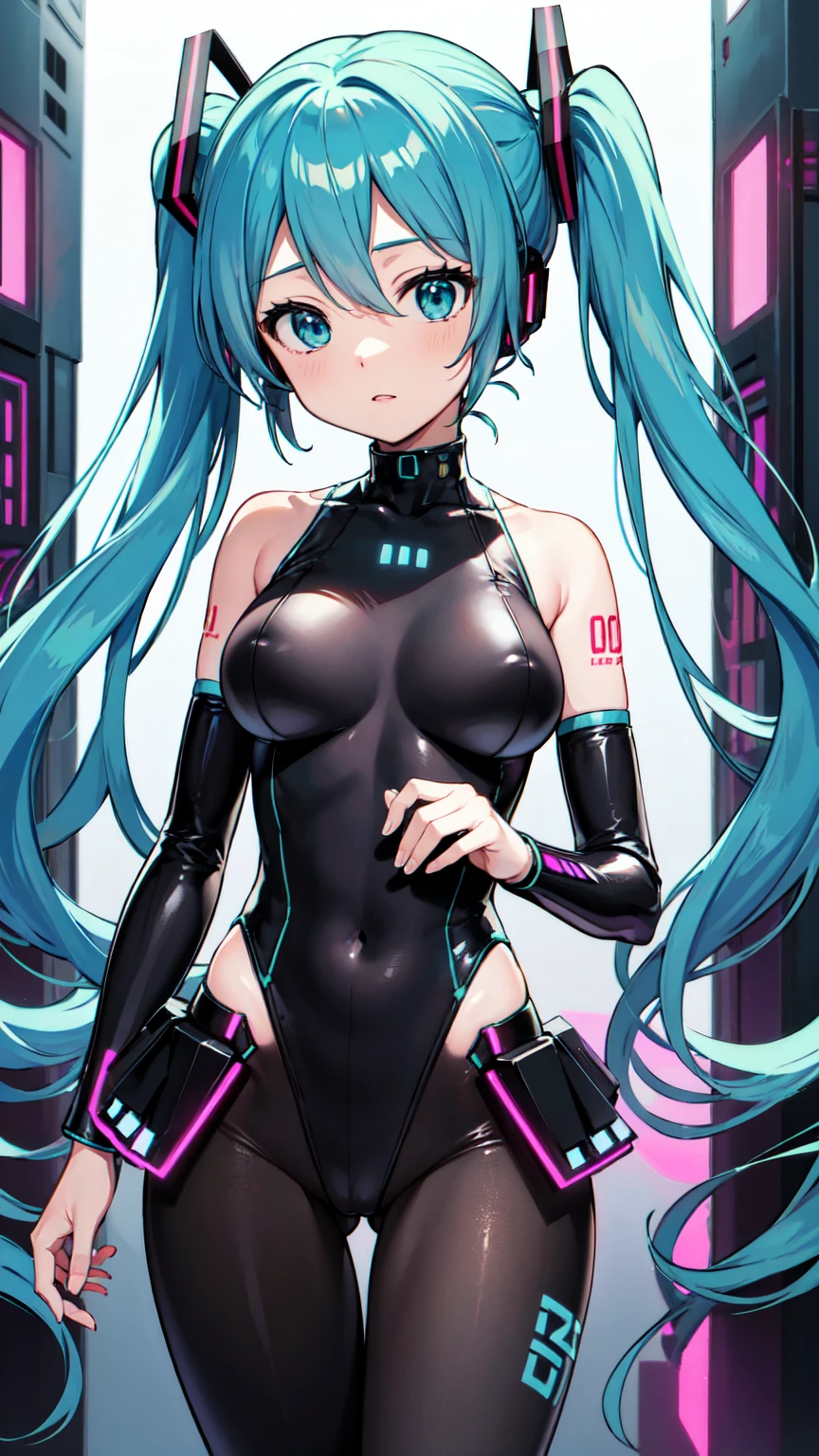 Hatsune Miku VOCALOID、Big Breasts、cyber punk、leotard、black tights、Beautiful anime scene、Beautiful anime scenery、Highest quality、Masterpiece、