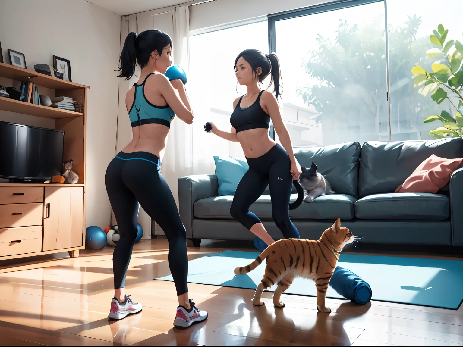 Health-conscious teenage girl wearing exercise clothes Have a cat as a pet Exercising in the living room of a minimalist home.