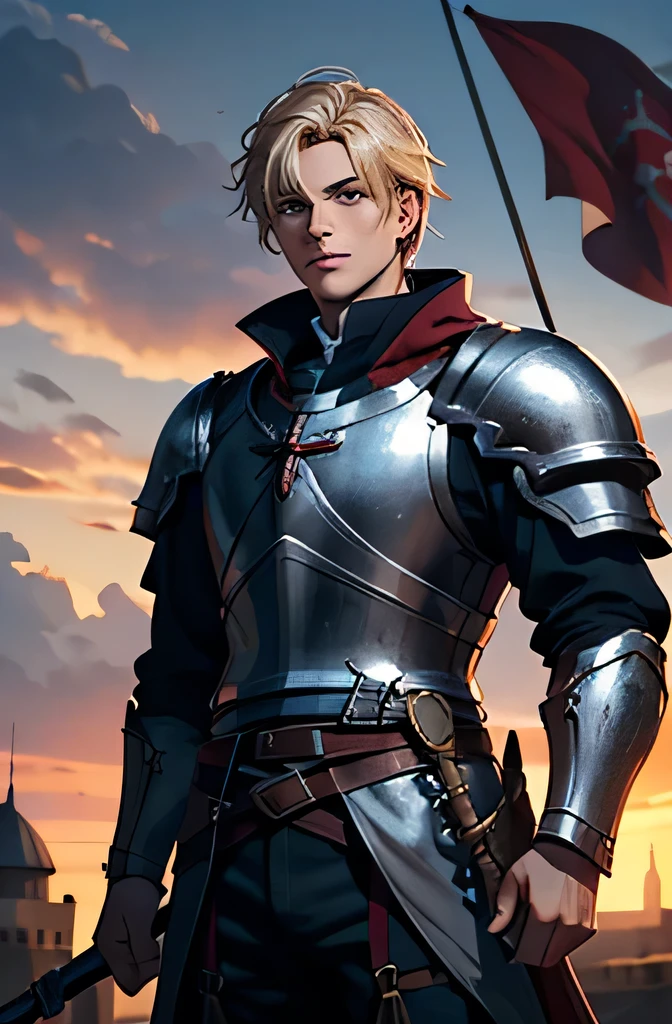 Create an image of a young man in a medieval fortress with tall towers and a flying flag, at dusk. The man must have fair skin, straight blond hair, blue eyes, and a resolute expression. He must be dressed in heavy armor and a shield. The atmosphere must convey determination and protection. Use 8k resolution, with epic fantasy rendering style. The lighting should be soft in the evening, with ultra-fine details. The image should tell the story of William as a determined protector, highlighting his strength and determination in a medieval fortress. The face must be detailed, with lots of details