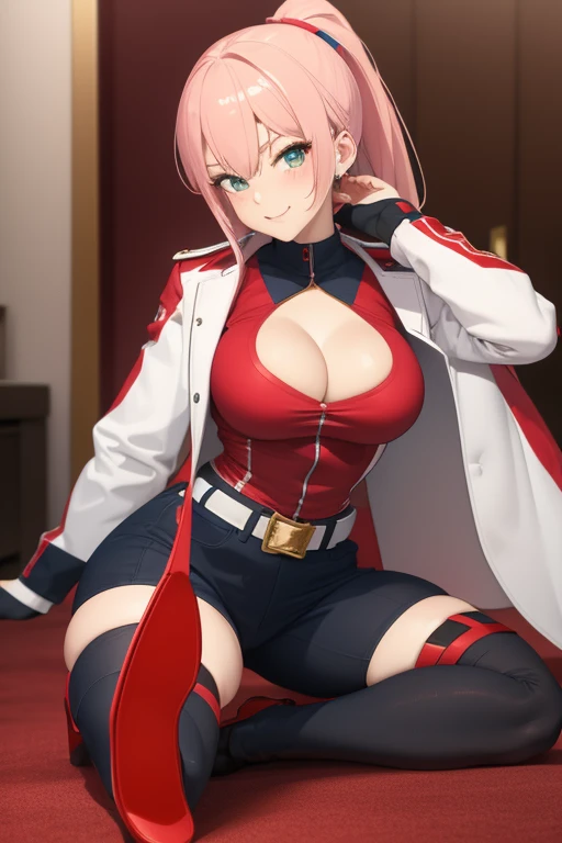extra breasts, erotic, sexy, naughty face, smirk, looking at viewer, slim, curvy, blushing, Anime girl, janetBS, solo, 1girl, pink hair, ponytail, bangs, helmet, red gloves, white jacket, cropped jacket, long sleeves, blue sleeves, red shirt, cleavage, blue shorts, yellow belt, boots, thigh boots, thighhighs, red footwear