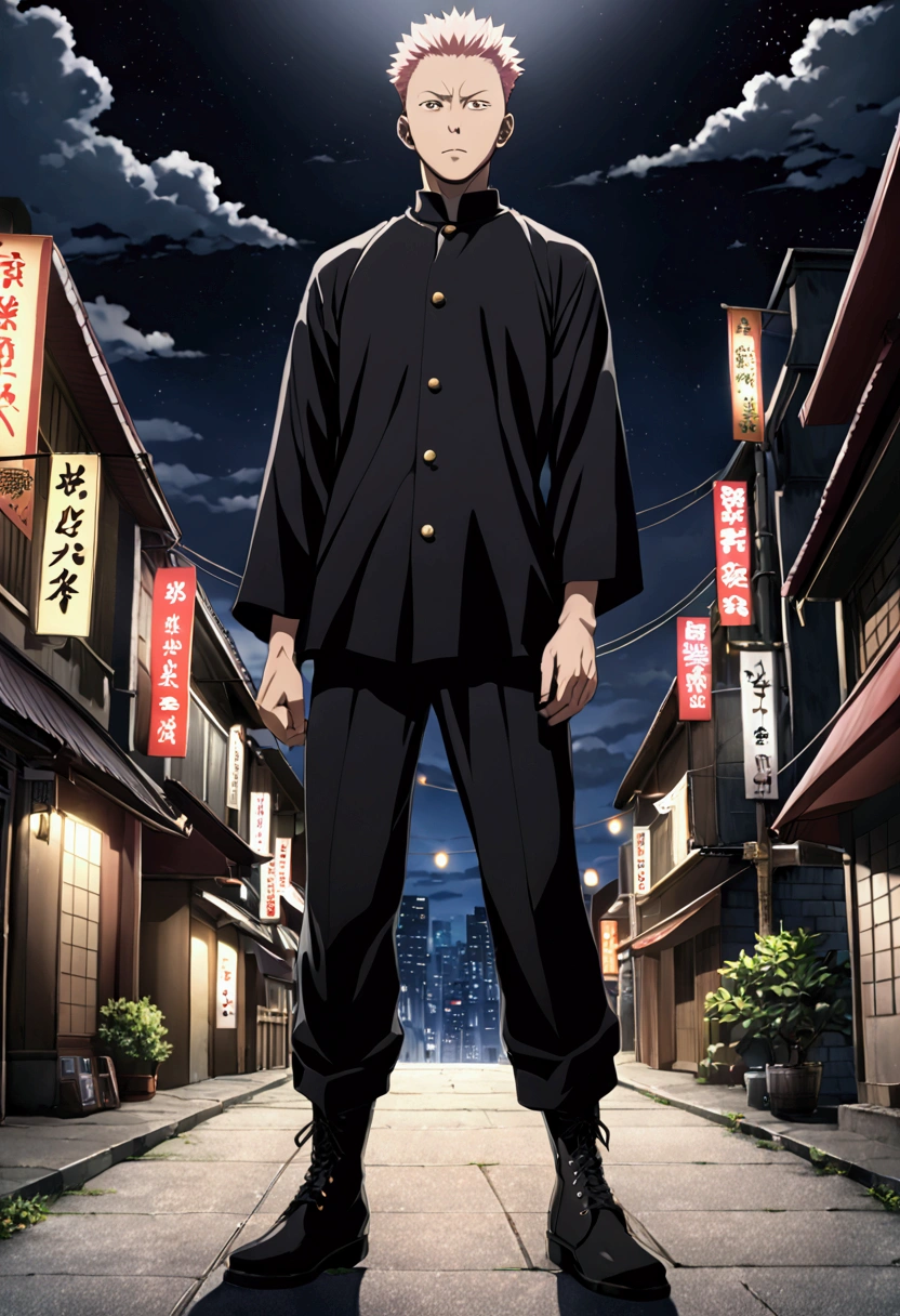 photo of the anime character in the "Jujutsu kaisen" character named (toge inumaki), with short white hair, long-sleeved black shirt, long black trousers, plain black boots, standing on the ground of the city with a dark sky and sparkling lights that add light anime mystical realistic impression.