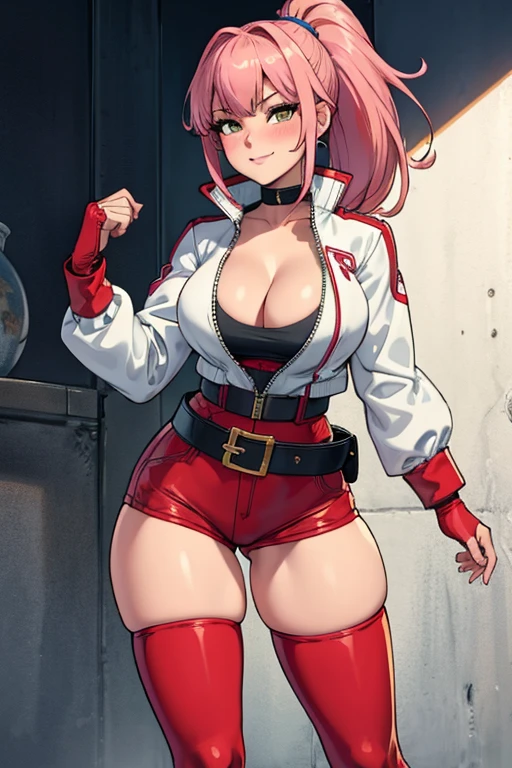 extra breasts, erotic, sexy, naughty face, smirk, looking at viewer, slim, curvy, blushing, Anime girl, janetBS, solo, 1girl, pink hair, ponytail, bangs, helmet, red gloves, white jacket, cropped jacket, long sleeves, blue sleeves, red shirt, cleavage, blue shorts, yellow belt, boots, thigh boots, thighhighs, red footwear