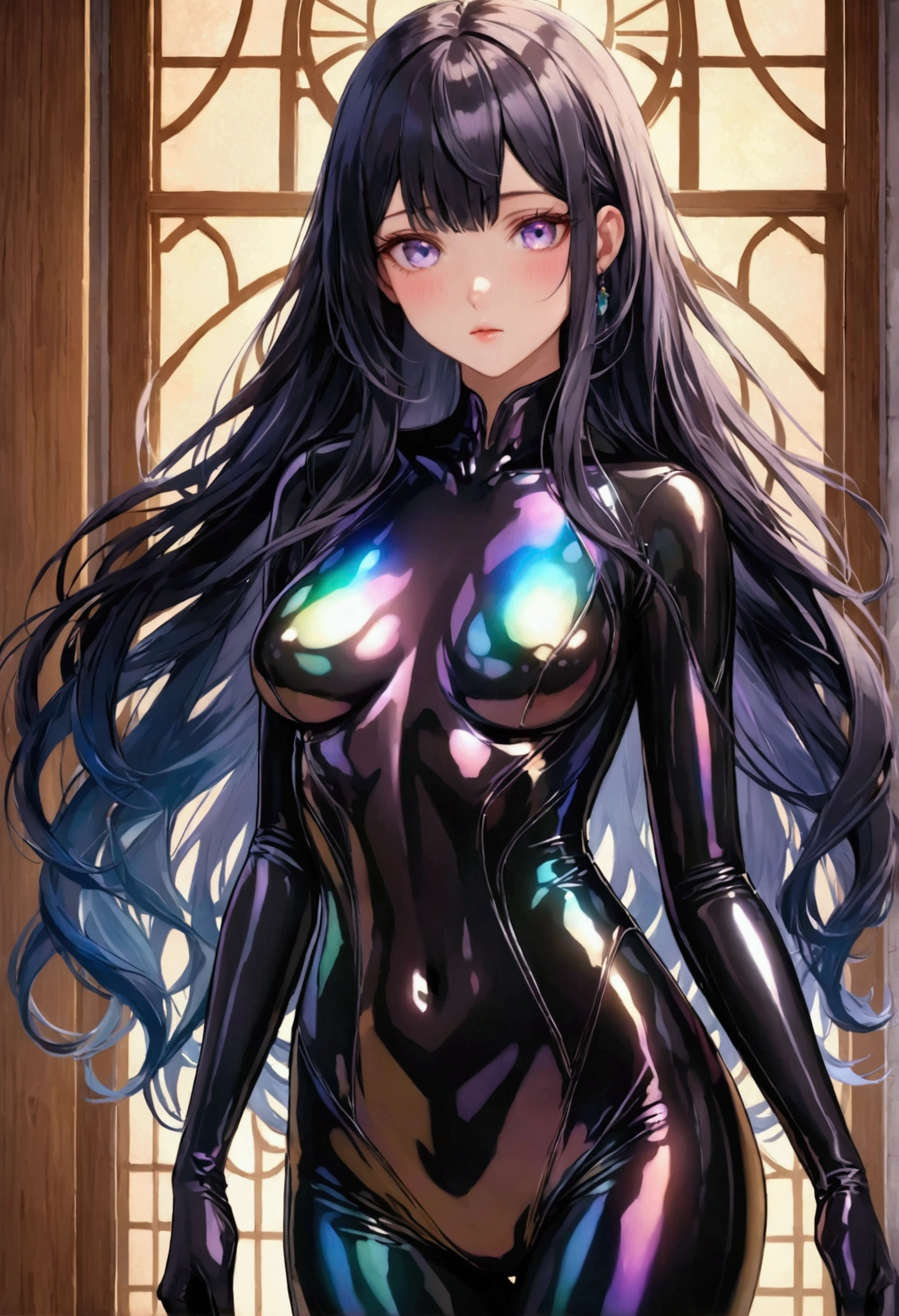 (masterpiece), best quality, expressive eyes, perfect face, Girl,long dark iridescent hair, iridescent eyes, small waist, small breast , large thighs,BDSM