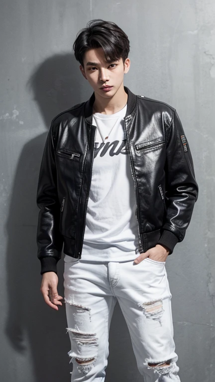 solo , 1man , thai man , hiphop leather jacket , white rock shirt , hiphop jeans pants , happy