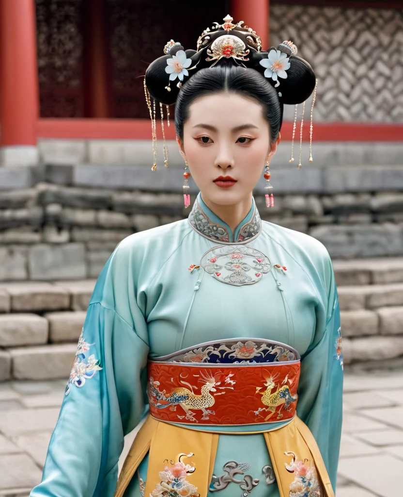 A Qing Dynasty Empress standing in front of the crowd. Her large breasts and hairy lower abdomen are visible. Her hair is tied up and pulled up with a gorgeous flower ornament.、A perverted, erotic woman wearing the crown of a Qing Dynasty empress. The background is the stone paving of a Chinese palace during the Qing Dynasty.