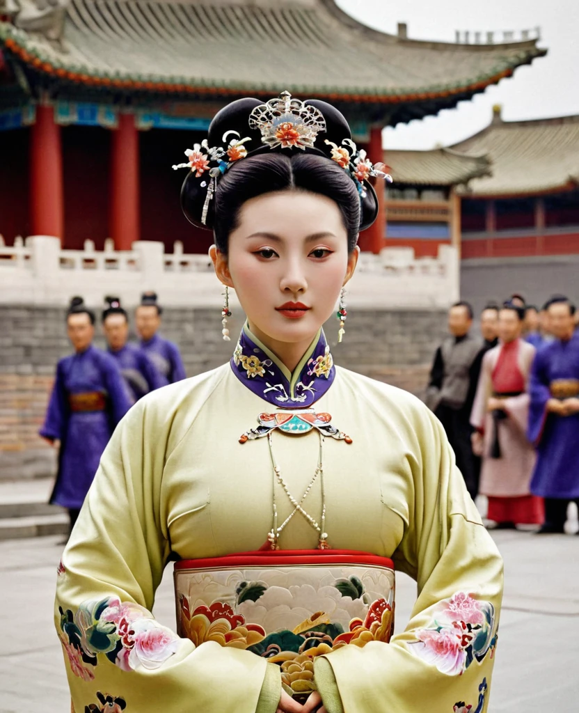 A Qing Dynasty Empress standing in front of the crowd. Her large breasts and hairy lower abdomen are visible. Her hair is tied up and pulled up with a gorgeous flower ornament.、A perverted, erotic woman wearing the crown of a Qing Dynasty empress. The background is the stone paving of a Chinese palace during the Qing Dynasty.