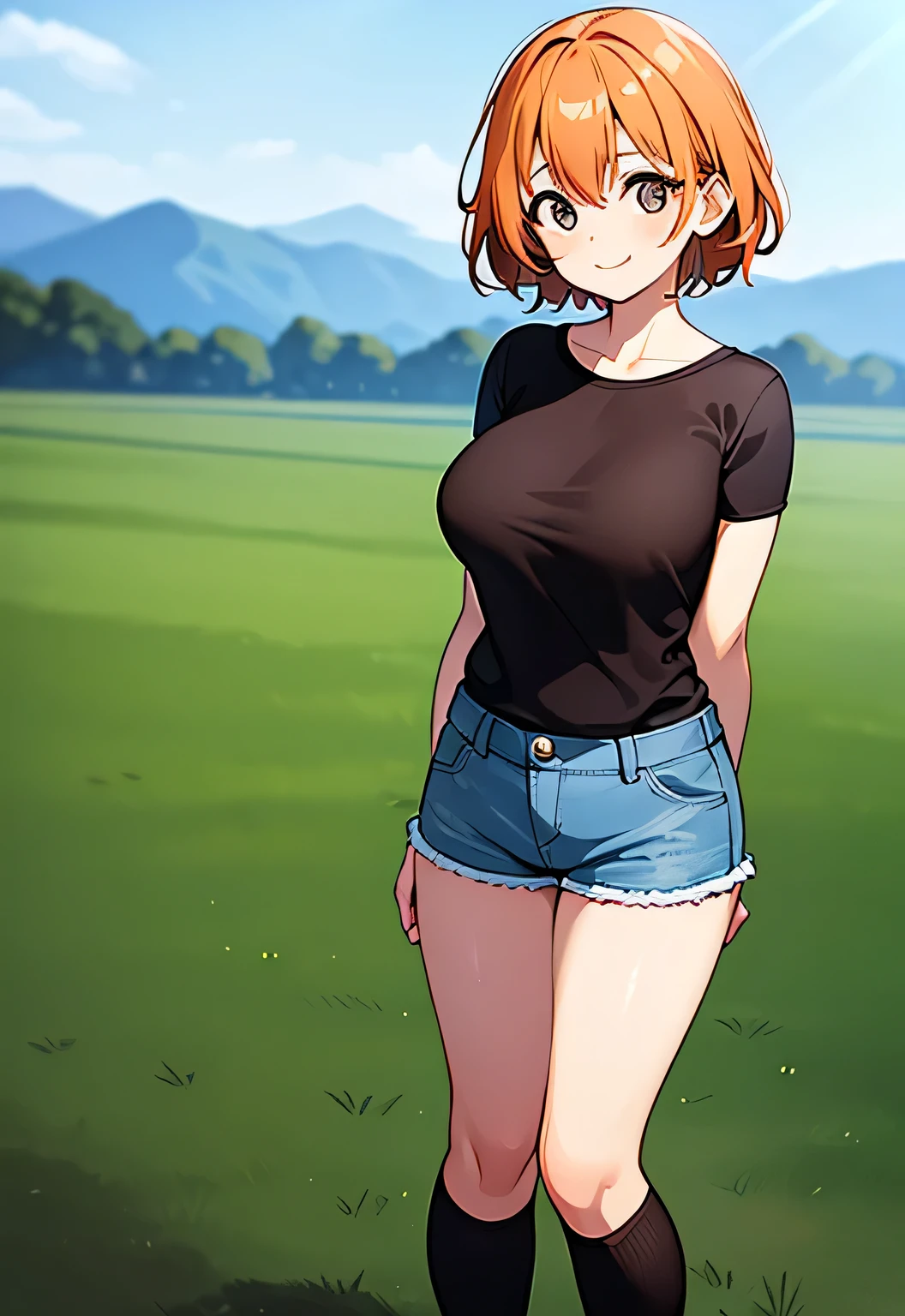 ​masterpiece, top-quality, Hi-Res,barechested,,barechested,Colossal tits, Selene 1, 1girl in, Selene 1, 1girl in, Selene\(A pokémon\), 独奏, grey  eyes, A dark-haired, Green shorts, red headwear, Beanie, , short-hair,  Short shorts, Stripes, cowboy  shot, Grassy, deph of field, A smile, Have a Poké Ball, put hands on the hip, poke ball\(fundamental\),