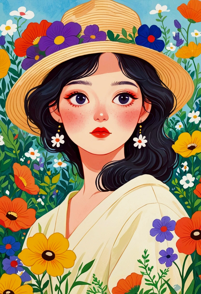 A painting，There is a woman wearing a hat in the painting，Flowers in the background, Gouache inspired by Eugene Glaser, cg Club Competition Winners, Childish Art, Woman in flowers, Girl in the flowers, 拿着花的Female portrait, illustration!, Female portrait, portrait illustration, gouache illustration, dreamy illustration, colorful illustration, Drawn in a whimsical style, Portrait of Lofy, magazine illustration， Jimin Jeon · South Korea