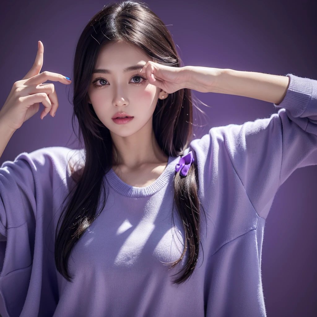Female model pointing at mobile phone Wear blue and purple clothes.