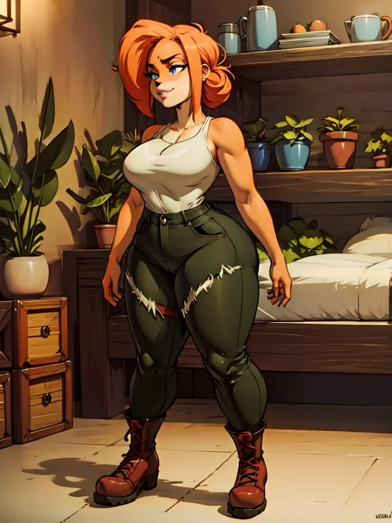 anthro bandicoot girl redhead, braided hair, beautiful green eyes, sexy relaxing moment, sexy ,seductive, warm sweater, camouflage pants, army boots, smirking, cozy lighting, vibrant colors , 