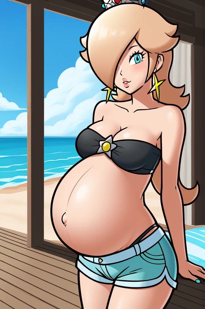 score_9, score_8_up, 1girl, solo, rosalina, style parody, thick outlines, black bikini, shorts, pregnant belly, sleeveless, strapless, cleavage, indoors, beach,