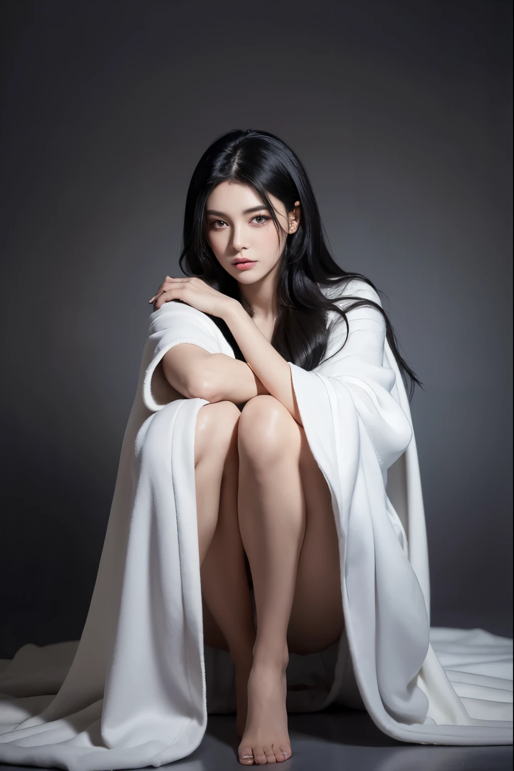 Full body portrait of woman in oil painting.She was wearing a white dressing gown.Her long black hair hangs down casually.She has a beautiful face.But with a sad look.Lovely eyes seem to know all the secrets.She turned towards the deep purple mist in the distance on the left side of the screen..Go further and further Go further and further..