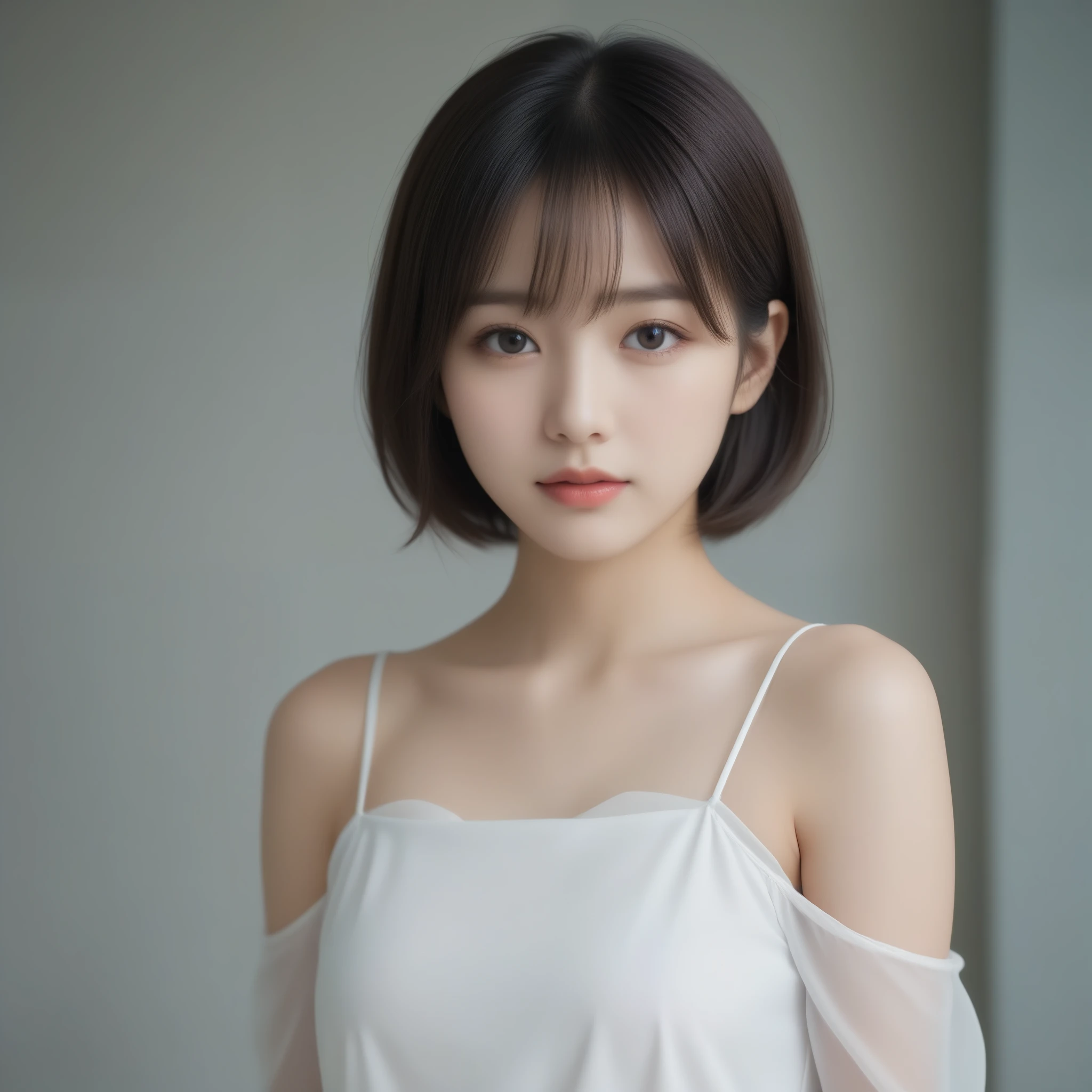 8k, Ultra-high resolution, Highest quality, masterpiece, 三分割法によるphotograph,Surreal, photograph, 1 Girl, (16 years old:1.3), pretty girl, Cute Face, Beautiful eyes in every detail, 細かくdetailedに,masterpiece,One Girl:1.2,Japan Female Teachers,extream close up,sad,glaring,Black short hair,Bob with bangs,(印象派の美しい少女のPortraiture),(Impressionist light and colour), (Avant-garde attire:1.3),(Fairy,Shiny Hair, Beautiful dark eyes, So cute and beautiful,16 years old, ), (smile:0.8),Sharp contours,Looking down, (A future never imagined), ((Abstract background)), Light from above, Low contrast, (Side view),, Perfect and beautiful face ,完璧でCute Face, Skin with attention to detail, Perfect limbs、Narrow waist,Looking at the audience,(((Ideal body type))),A cup small breasts :2,Portraiture:2,Perfect Anatomy,鮮明なdetailed,detailed,Surreal,Light and shadow,stage lights