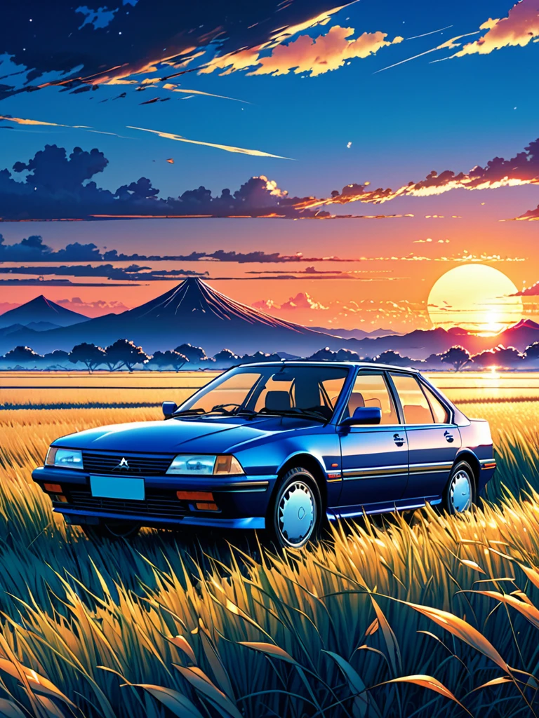 anime landscape of A pearl super deep blue metalic pearl color classic Peugeot 405 Mi16 sport sits in a field of tall grass with a sunset in the background.beautiful anime scene, beautiful anime peace scene, Makoto Shinkai Cyril Rolando, beautiful anime scene, amazing wallpaper, anime art wallpaper 8k, anime background, artistic anime background, anime wallpaper 4k, anime art 4k wallpaper, anime wallpaper art 4k,