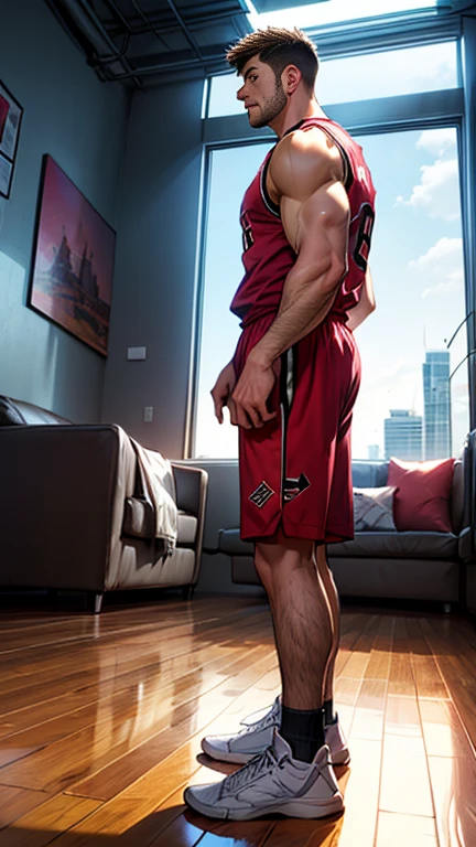 Wear**Basketball clothes,Standing,Lean forward,Muscle Man,Pink sunset falls on the floor,The sun shines from behind,Wear白袜,No shoes,The floor is covered with shaggy carpet,Broad shoulders ,Very strong, muscular,Men, Muscle Man,Clean face,full-body shot,Thick leg hair,Thick legs,Dark brown skin,Everyday sense,Cool color room,sofa,Floor-to-ceiling windows with panoramic views,The cabinets on the wall and the sundries on them,Loose clothing,There are tall buildings outside the window,in the room,Close Range,Look at it from a low angle,Shooting giant objects,Character is very tall,Huge size,Facing the audience