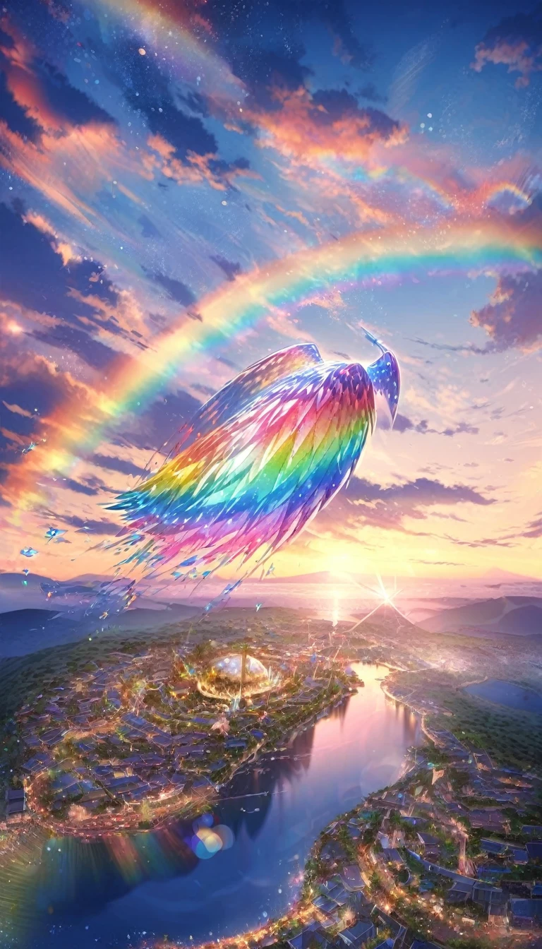 Angelic, Detailed landscape, sunrise, rainbow, 雨のTown, horizon, In the sky, Town , Lens flare, colorful, An atmosphere full of dreams and hope，masterpiece．16K, Ultra-high resolution, to be born,wonderful ,future、rainbow色の、The world 30 years from now。