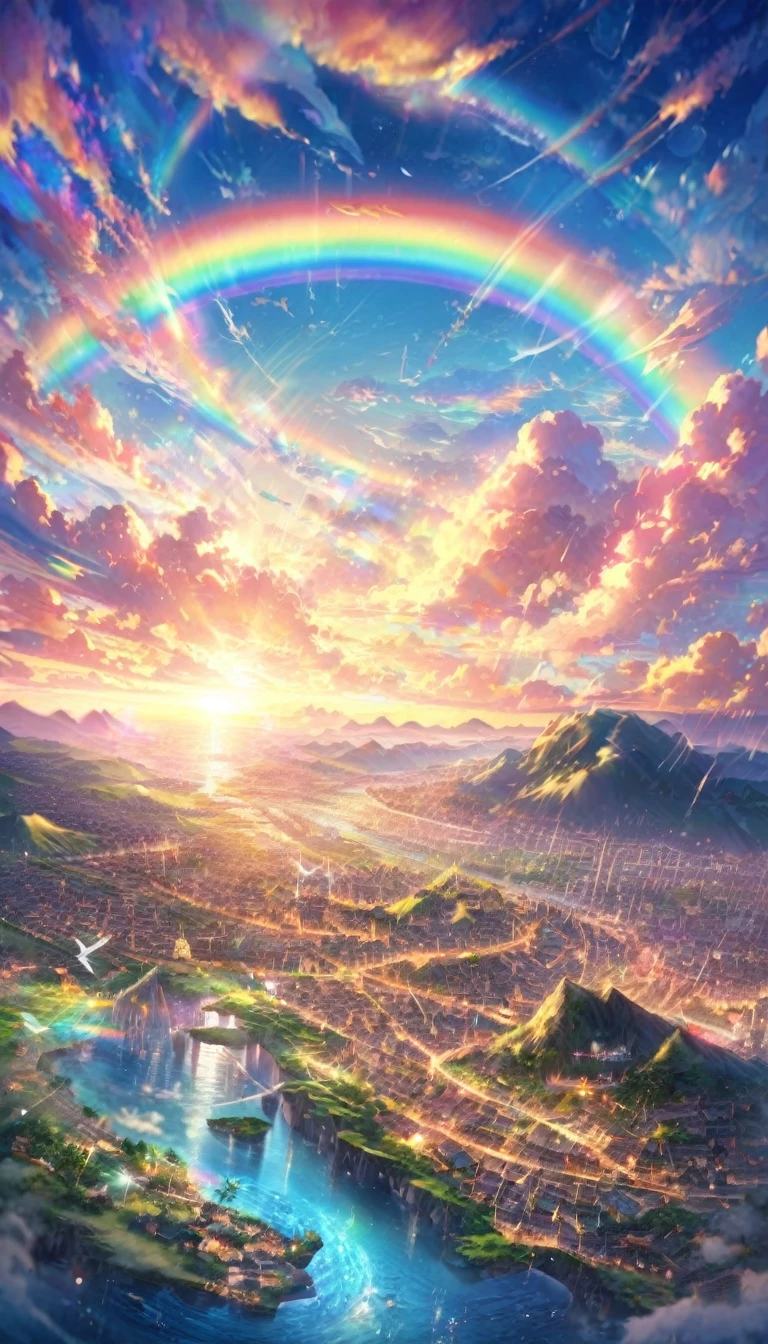 Angelic, Detailed landscape, sunrise, rainbow, 雨のTown, horizon, In the sky, Town , Lens flare, colorful, An atmosphere full of dreams and hope，masterpiece．16K, Ultra-high resolution, to be born,wonderful ,future、rainbow色の、The world 30 years from now。