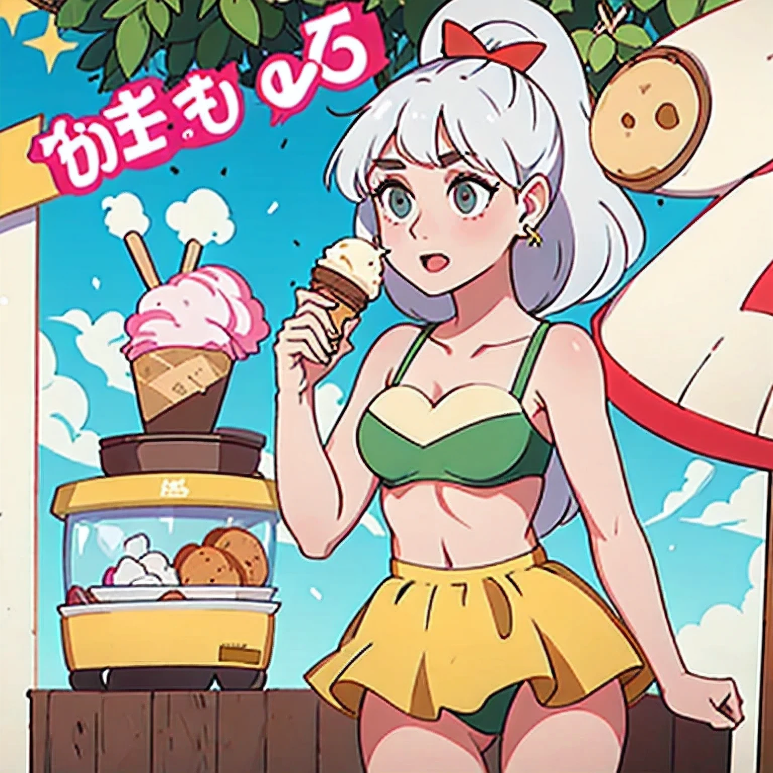 girl in a bikini eating an ice cream cone, eating ice cream, in a bikini, angela white, giorgia meloni, katy perry, in bikini, eating ice - cream, wearing spandex bikini, ice cream on the side, bikini, ice cream, wearing a bikini, candid photo of dirty, shiny plastic bikini, candid shot, cone, 1 girl, solo,in a green dress standing by a wall,portrait of female idol